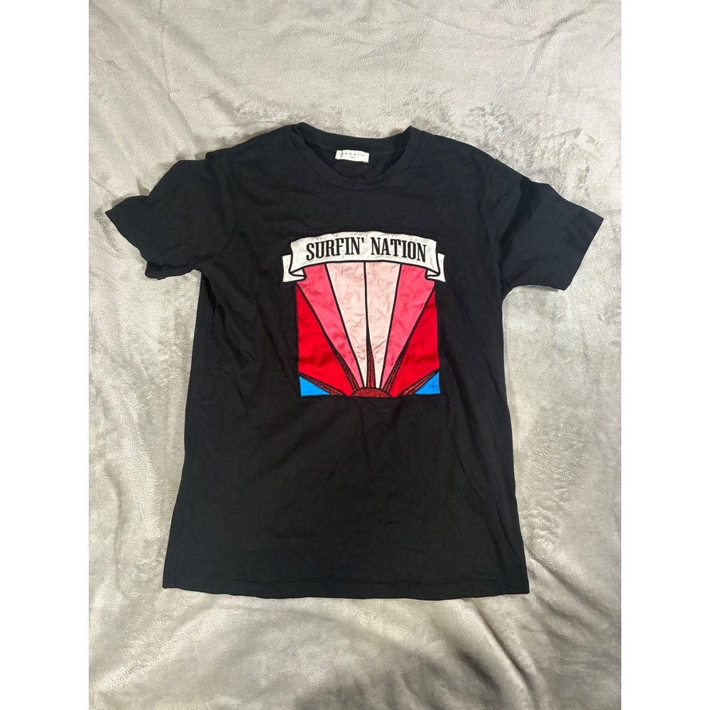 Sandro Paris Mens Surfin Nation Graphic Tee Black Cotton T-Shirt Size 1 S